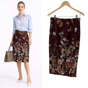 Catherine Malandrino Pencil Floral Burgundy Long Back Slit Midi‎ Skirt Size 6
